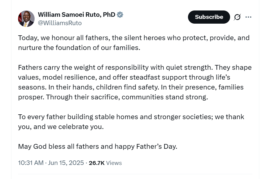 President William Ruto’s Fathers day message. PHOTO/Screengrab by K24 Digital of X post by @WilliamsRuto

