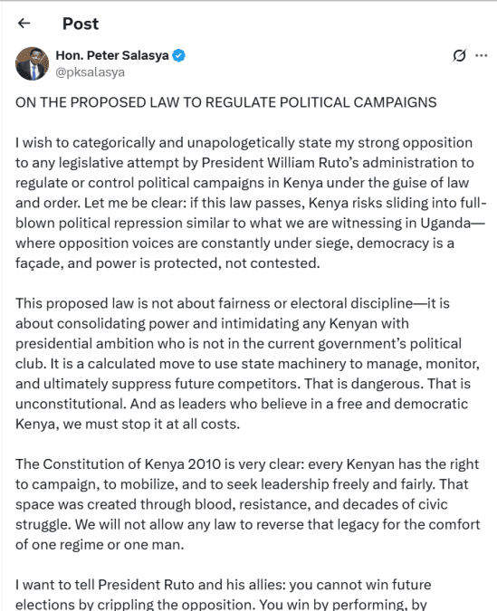 Mumias MP Peter Salasya’s statement on his official X account. PHOTO/A screengrab by K24 Digital from X post by @pksalasya
