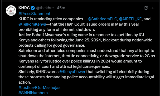 A post shared by KHRC on X on Wednesday, June 25, 2025. PHOTO/Screengrab by K24 Digital @thekhrc