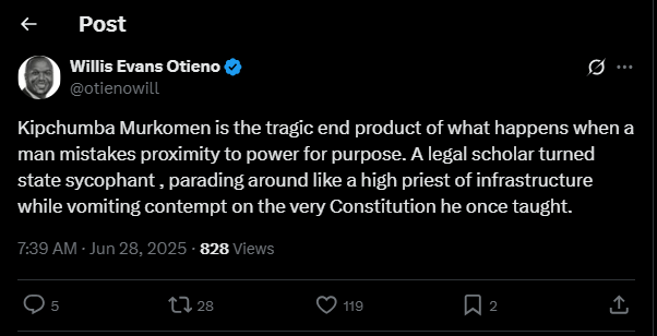A post shared by Willis Otieno on Saturday, June 28, 2025, on his X account. PHOTO/Screengrab by K24 Digital from @otienowill