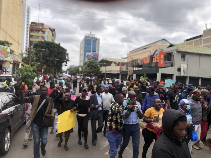 Protesters march along Muindi-Mbingu Street in Nairobi on June 12, 2025. PHOTO/Ademba_47/X
