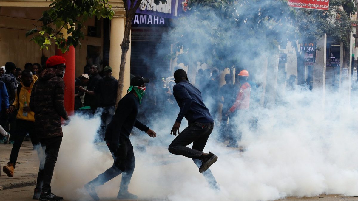 Demonstrators caught in clouds of tear gas during Gen Z-led protests in downtown Nairobi on Wednesday, June 25, 2025. PHOTO/@channelafrica1/X