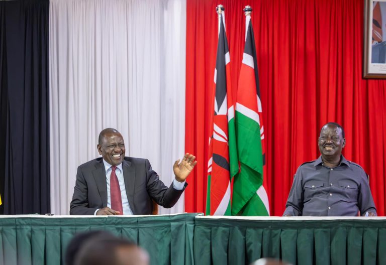 Ruto and Raila during the signing of the Kenya Kwanza-ODM Joint Framework at KICC, Nairobi on March 7, 2025. PHOTO/https://www.facebook.com/williamsamoei