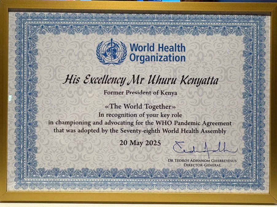 Former President Uhuru Kenyatta honoured by WHO at a special ceremony in Geneva. PHOTO/ https://www.facebook.com/photo/?fbid=10237976853424468&set=a.2890545426769