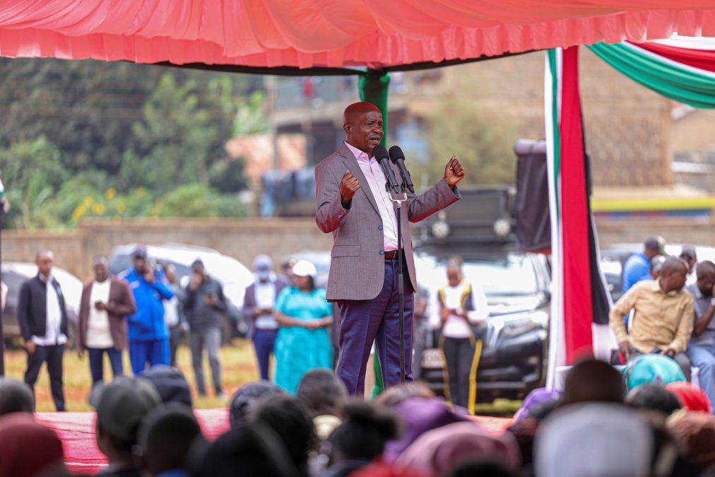 Kithure Kindiki addresses residents during an Economic Empowerment Engagement event at Gachie Primary School in Kiambaa Constituency, Kiambu County, on Sunday, 13 July 2025.PHOTO/https://www.facebook.com/share/19DrEcAhFW/