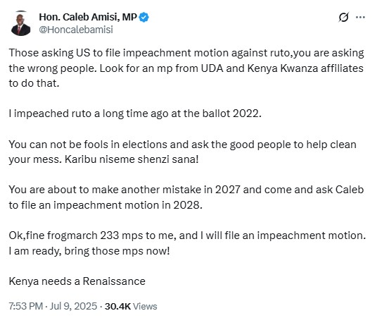 MP Caleb Amisi dismisses call to file for impeachment motion against Ruto, PHOTO/@Honcalebamisi/x