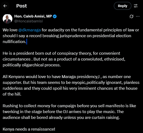 A post shared by Caleb Amisi on his X account on Tuesday, July 15, 2025. PHOTO/Screengrab by K24 Digital from @Honcalebamisi
