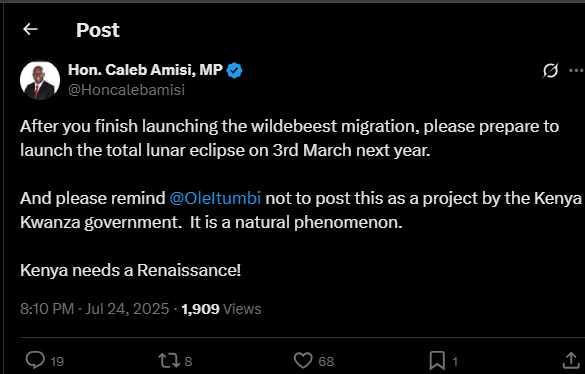 A post shared by Caleb Amisi on his X account. PHOTO/Screengrab by K24 Digital from @Honcalebamisi
