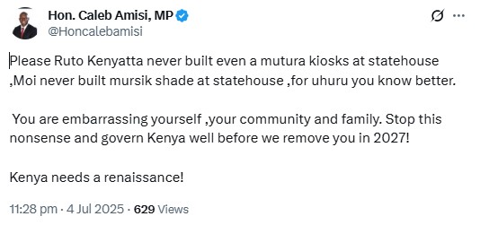 Caleb Amisi warns Ruto against building church at State House. PHOTO/@Honcalebamisi/X