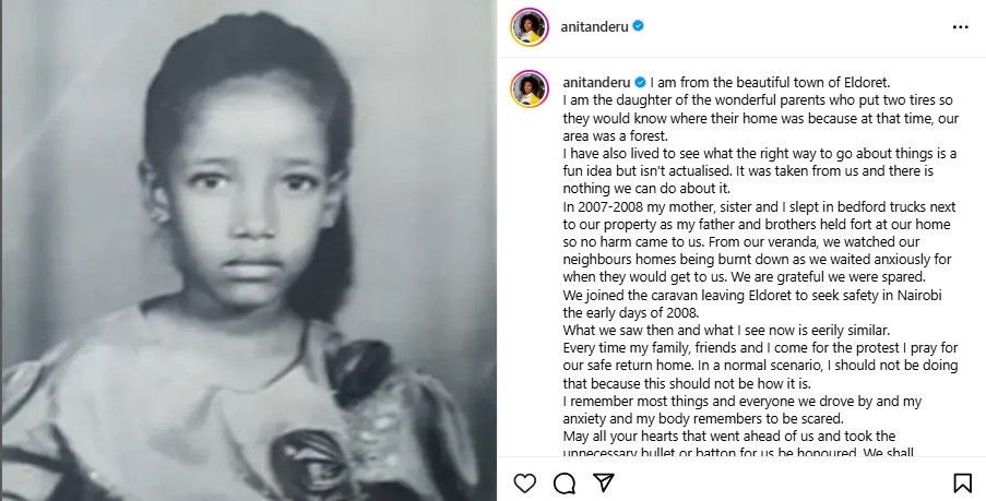 Anita Nderu recalls 2007-08 post‑election violence that displaced her family. PHOTO/@nitanderu/Instagram