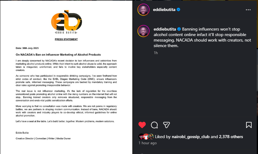 A post shared by Eddie Butita on his Instagram. PHOTO/Screengrab by K24 Digital from @eddiebutita
