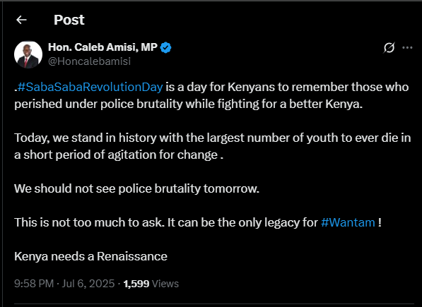 A post shared by MP Caleb Amisi on his X account on Sunday, July 6, 2025. PHOTO/Screengrab by K24 Digital from @Honcalebamisi