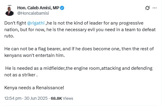 MP Caleb Amisi's post warning against fighting Gachagua