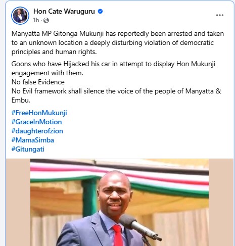 Cate Waruguru condemns the arrest of Manyatta MP. PHOTO/https://www.facebook.com/Honcatewaruguru