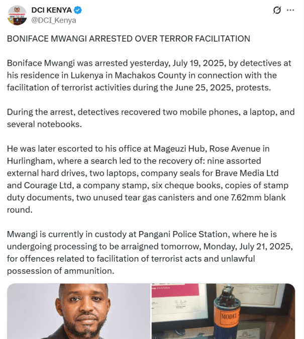 DCI’s post on Boniface Mwangi’s arrest. PHOTO/A Screengrab by K24 Digital from a post by @DCI_Kenya/X