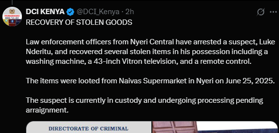 A post shared by DCI on Wednesday, July 2, 2025, on X. PHOTO/Screengrab by K24 Digital from @DCI_Kenya
