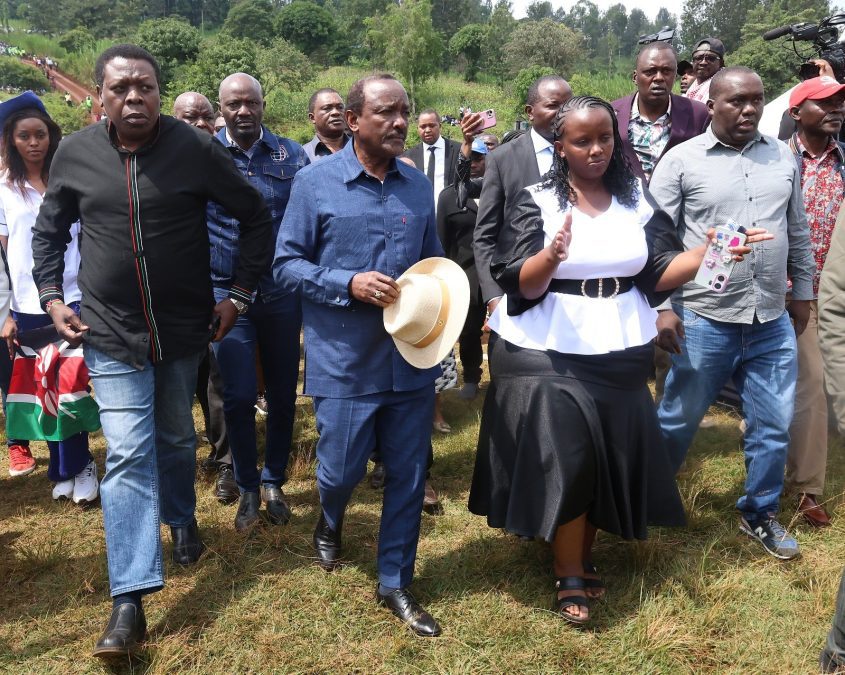 Emily Wanjira welcoming Kalonzo Musyoka and Eugene Wamalwa to the burial of Boniface Kariuki. PHOTO/@skmusyoka/X