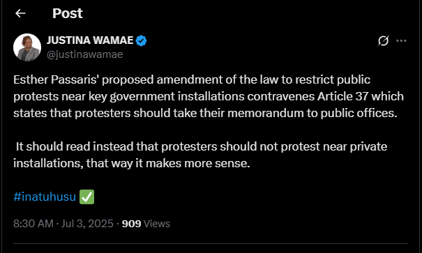 A post shared by Justina Wamae on Thursday, July 3, 2025, on her X account. PHOTO/Screengrab by K24 Digital from @justinawamae