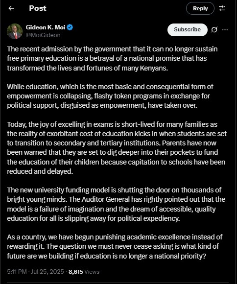 Part of the statement shared by Gideon Moi. PHOTO/Screengrab by K24 Digital/@MoiGideon/X