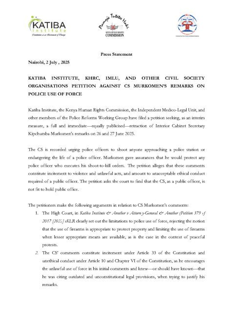 A copy of the petition filed by rights groups against Interior CS Kipchumba Murkomen over his shoot-to-kill remarks. PHOTO/@katibainstitute/X