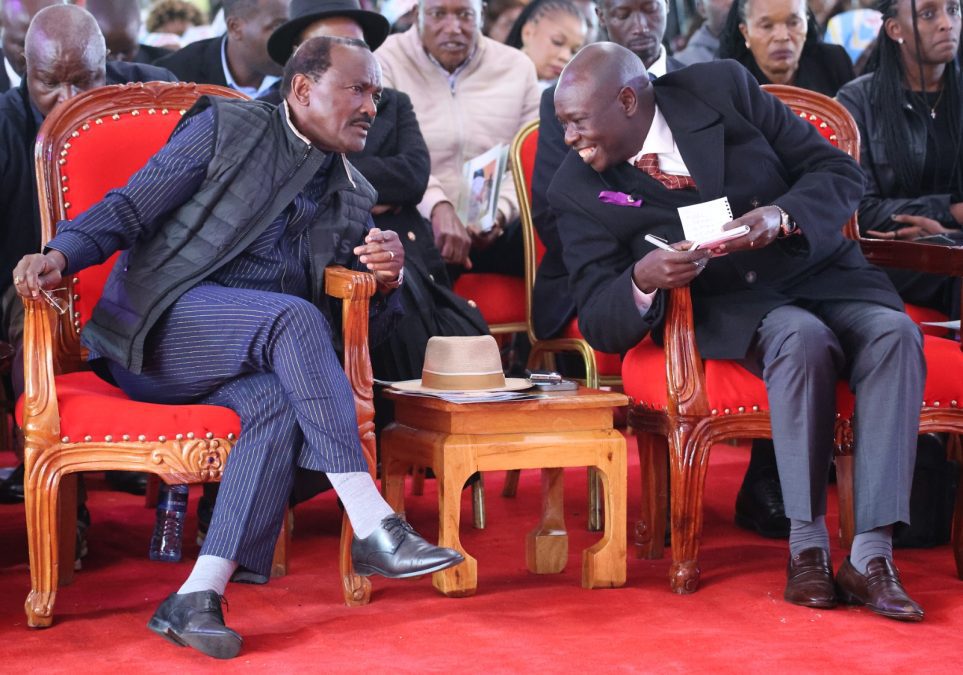 Kalonzo and Gachagua during the burial of Gachagua’s maternal aunt, Gladys Gathoni Kahua, in Nyeri on July 5, 2025. PHOTO/@skmusyoka/X