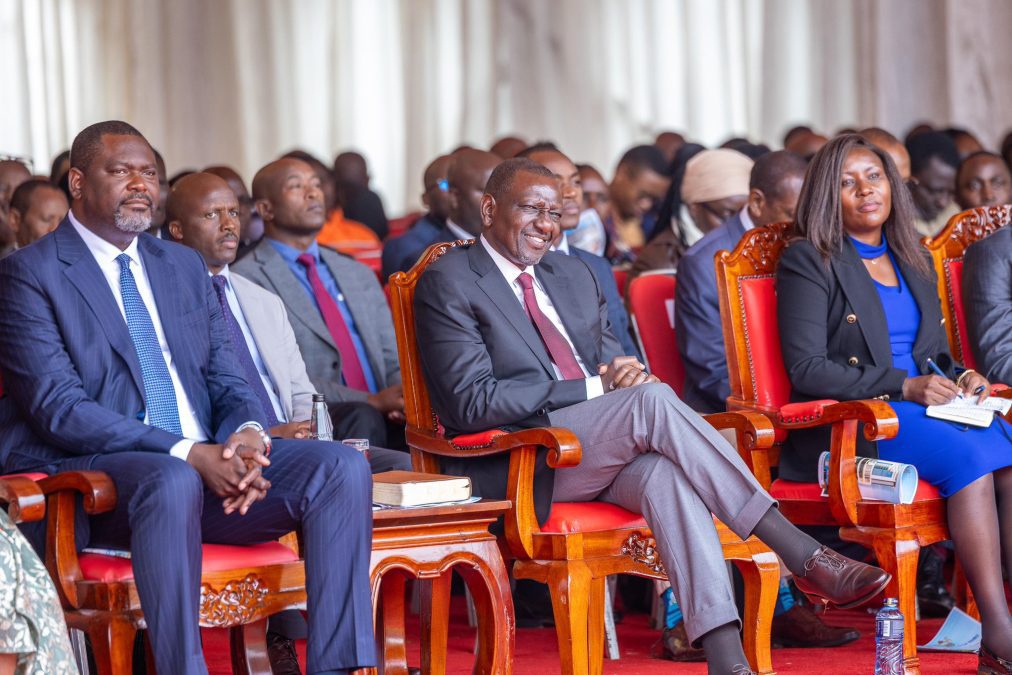 President William Ruto with Embu Governor Cecily Mbarire and Cabinet Secretary Geoffrey Kiringa Ruku during the 35th Embu Diocesan Anniversary at St. Mark’s College, Kigari. PHOTO/@WilliamsRuto/X