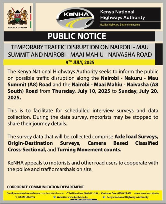 A notice by KeNHA. PHOTO/@KeNHAKenya/X
