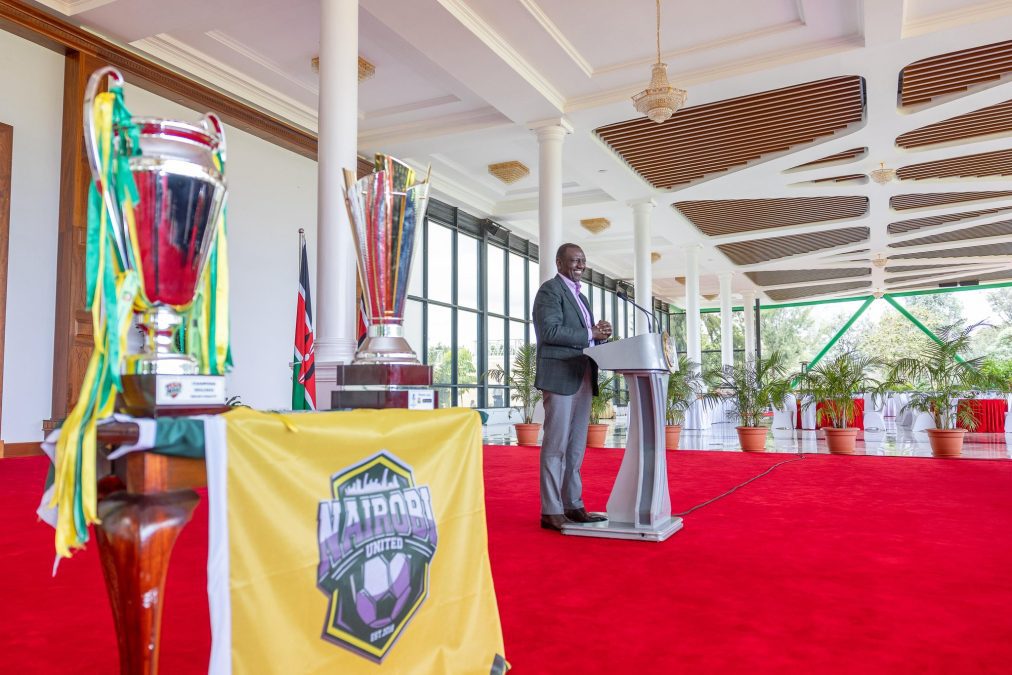 William Ruto while addressing Nairobi United Football Club, the 2025 winners of the Mozzart Bet Cup, State House. PHOTO/@WilliamsRuto/X