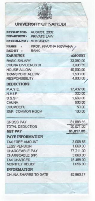 A copy of Kivutha Kibwana's payslip