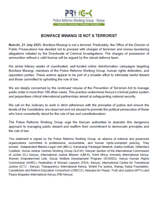 A statement by the human rights groups on the arrest and charging of activist Boniface Mwangi. PHOTO/@AmnestyKenya/X