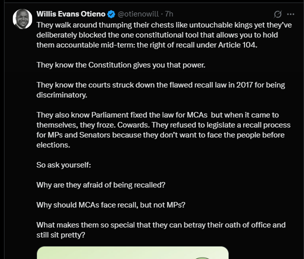 A post shared by Willis Otieno on his X account. PHOTO/Screengrab by K24 Digital from @otienowill