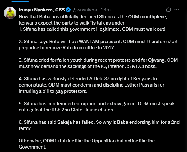 A post shared by Irungu Nyakera on Saturday, July 26, 2025, on his X. PHOTO/Screengrab by K24 Digital from @wnyakera