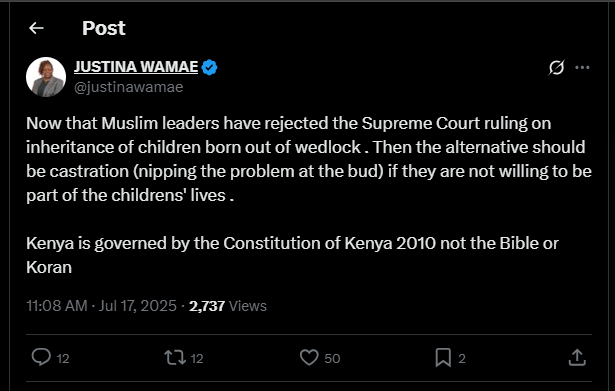 A post shared by Justina Wamae on her X account. PHOTO/Screengrab by K24 Digital from @justinawamae