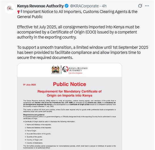 KRA notice to importers. PHOTO/@KRACorporate/x