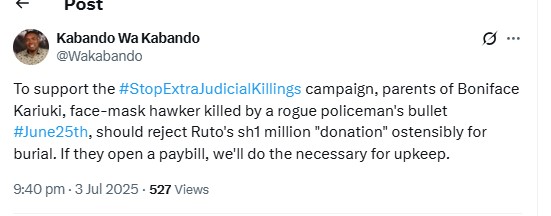 Kabando Wa Kabando urges Boniface Kariuki's family to reject Ruto's donation. PHOTO/@Wakabando/X