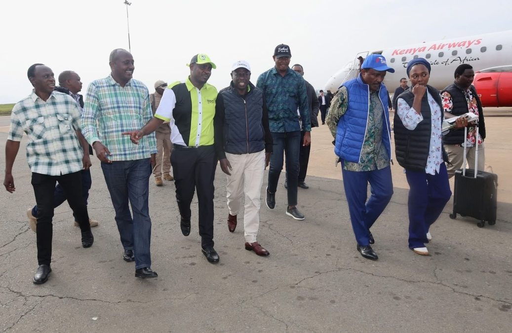 Opposition leaders Kalonzo Musyoka, Rigathi Gachagua and others, when they touched down at Kisumu International Airport on Thursday, July 3, 2025, ahead of their Western Kenyan tour. PHOTO/@skmusyoka/X