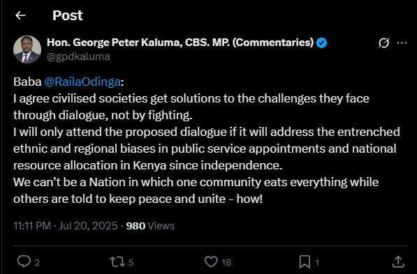 A post shared by Peter Kaluma on his X account. PHOTO/Screengrab by K24 Digital from @gpdkaluma
