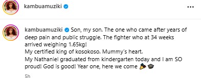 Kambua celebrates son's milestone