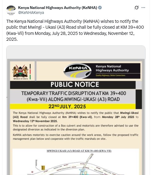 A post shared by KeNHA on Friday,July 25,2025, on X. PHOTO/Screengrab by K24 Digital from @KeNHAKenya
