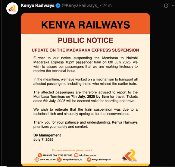 A post shared by Kenya Railways on Monday, July 7, 2025. PHOTO/Screengrab by K24 Digital from @KenyaRailways_