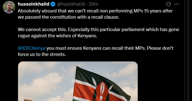 A post shared by Hussein Khalid on X. PHOTO/Screengrab by K24 Digital from @husskhalid
