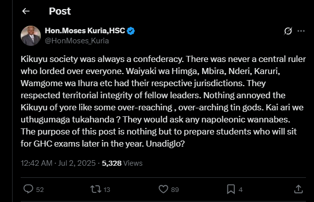 A post shared by Moses Kuria on his X account on July 1, 2025. PHOTO/Screengrab by K24 Digital from@HonMoses_Kuria