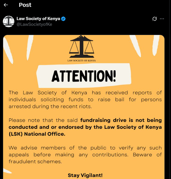 A post shared by the LSK On Saturday, July 19, 2025. PHOTO/Screengrab by K24 Digital from @LawSocietyofKe