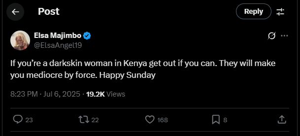 A post shared by Elsa Majimbo on her X account on Sunday, July 6, 2025. PHOTO/Screengrab by K24 Digital from @ElsaAngel19