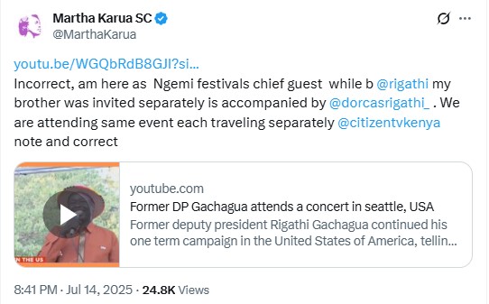Martha Karua clarifies reasons for traveling to the USA
