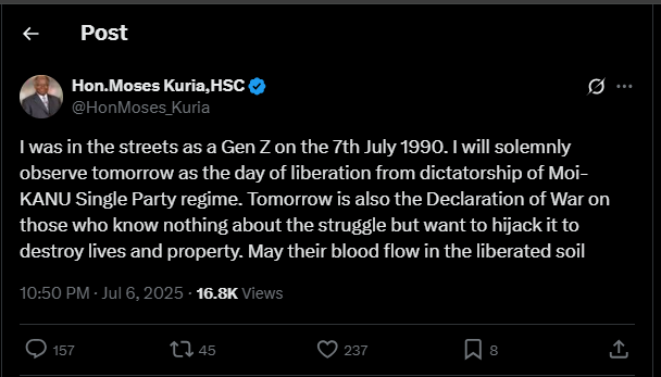 `A post shared by Moses Kuria on his X account on Sunday, July 6, 2025. PHOTO/Screengrab b y K24 Digital from @Hon Moses_Kuria