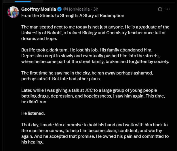 A post shared by Mosiria Geoffrey on Saturday, July 5, 2025, on his X account. PHOTO/Screengrab by K24 Digital from @HonMosiria