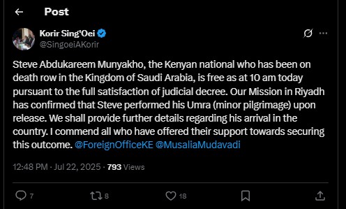 A statement confirming the release of Stephen Munyakho shared by PS Korir Sing'Oei on Tuesday, July 22, 2025. PHOTO/screengrab by K24 Digital/@SingoeiAKorir/X