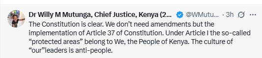 Former CJ Willy Mutunga's post opposing Passari's proposed Public Order bill