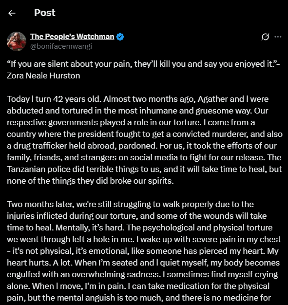 A post shared by Boniface Mwangi on Thursday, July 10, 2025, on his X account. PHOTO/Screengrab by K24 Digital from @bonifacemwangi